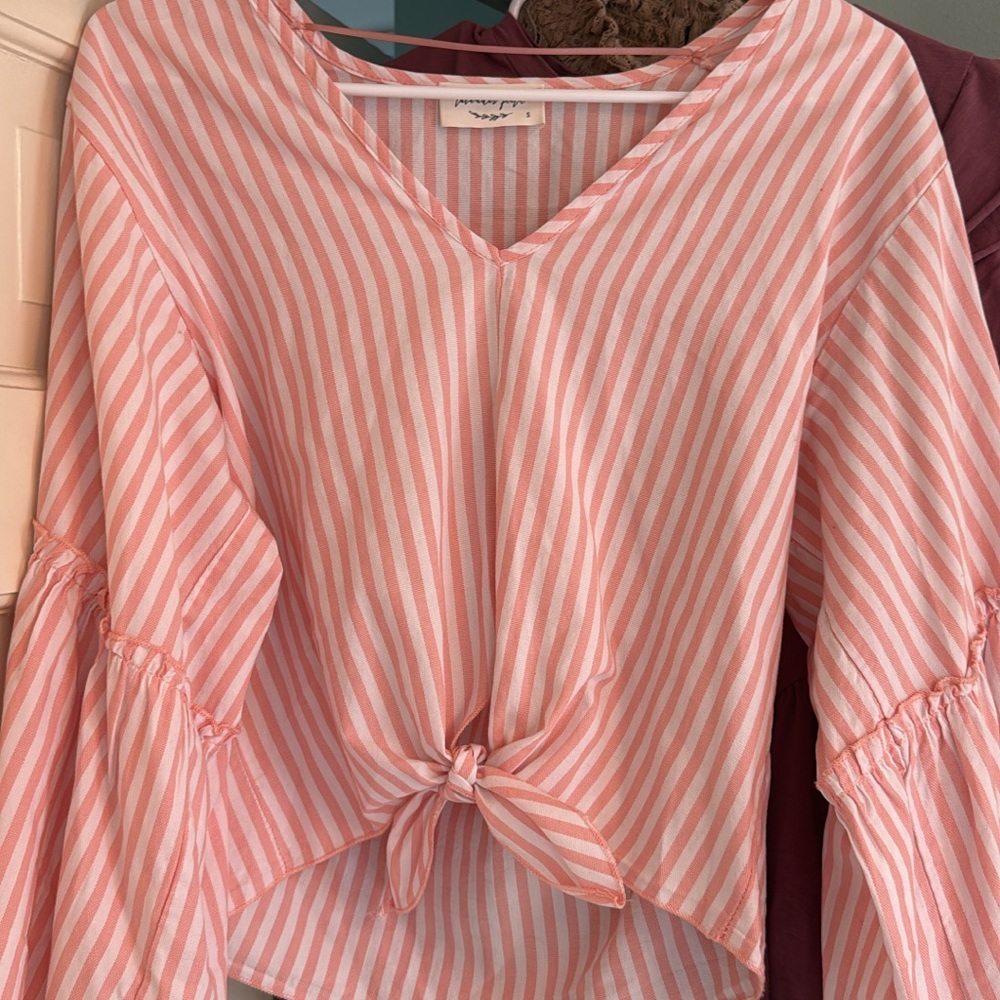 lavender field Pink and White Striped Tie-Front V-Neck Blouse
